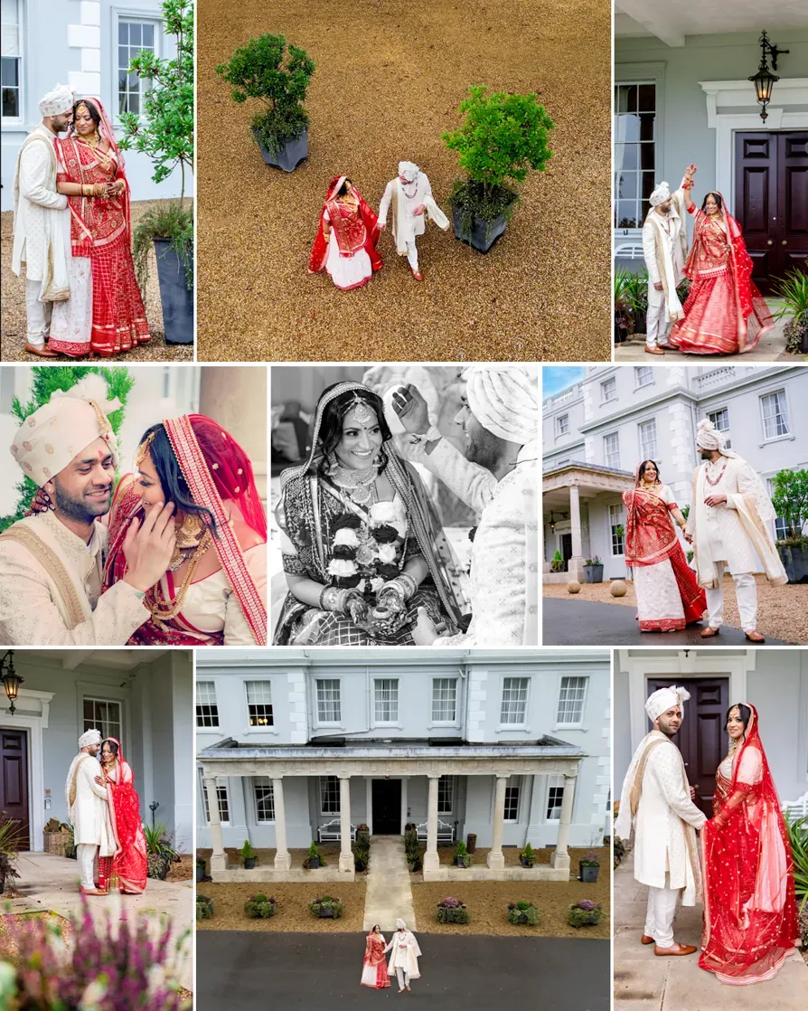 A couple sharing a tender moment during a colorful Hindu wedding photoshoot.