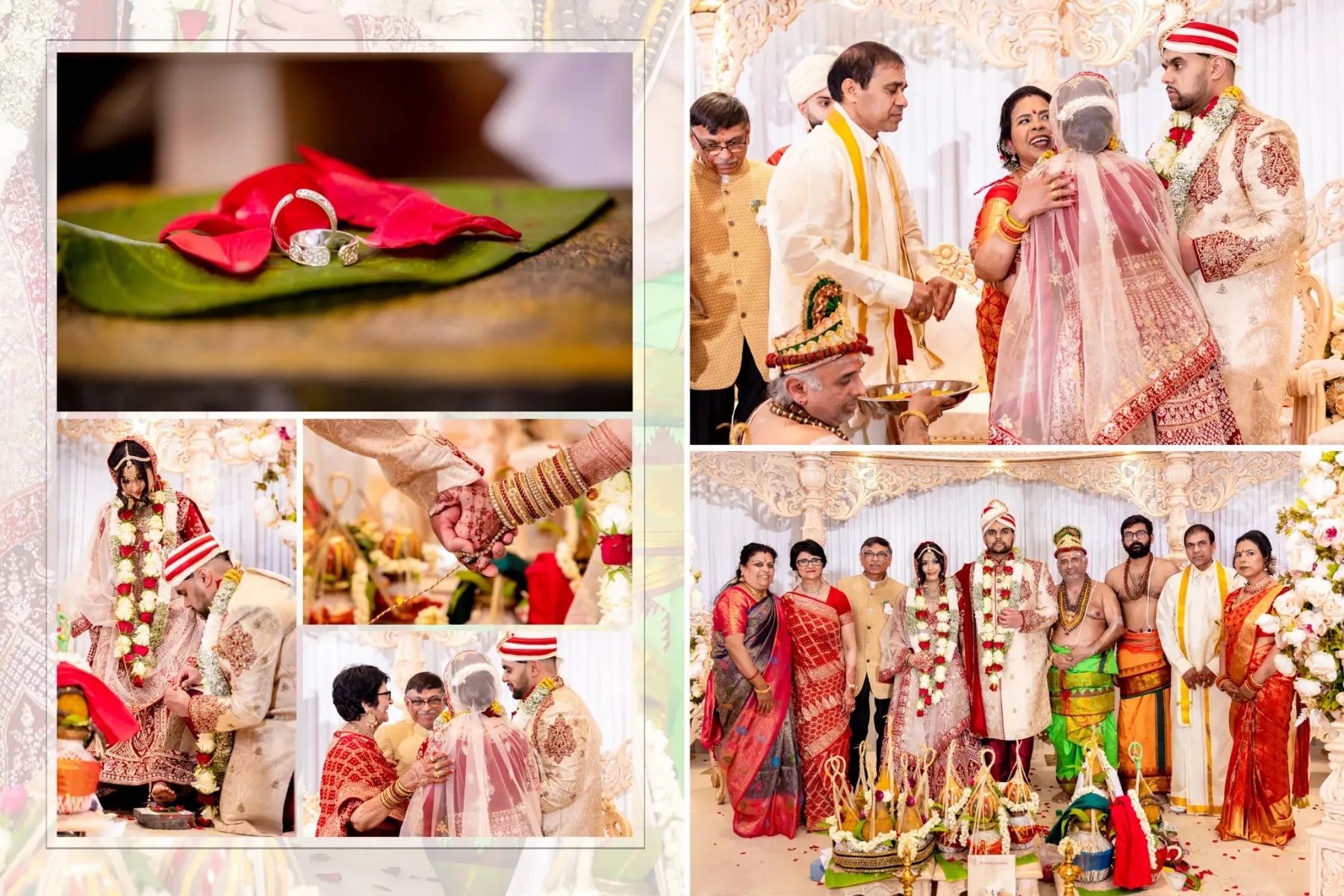A joyful celebration with the bride surrounded by her family at a Hindu wedding.