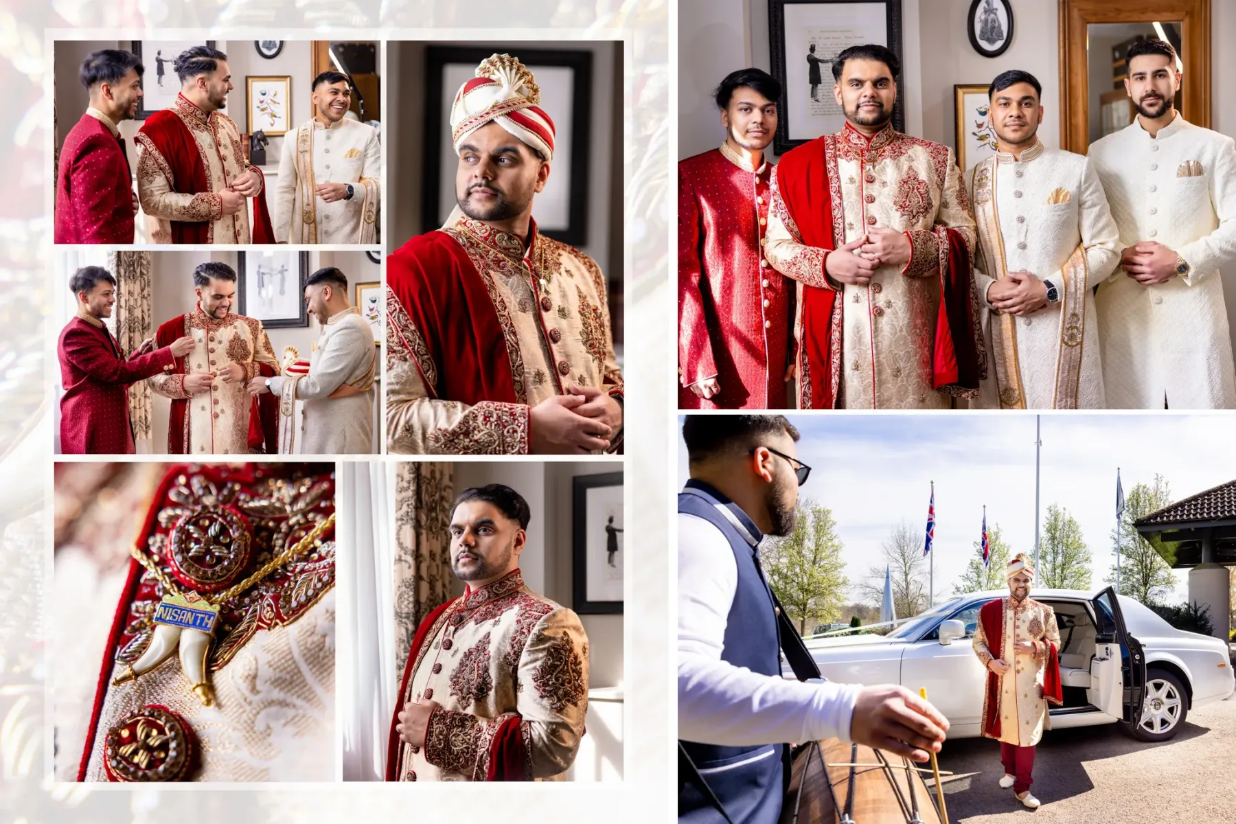 The groom in traditional attire, surrounded by friends and family during the wedding ceremony.